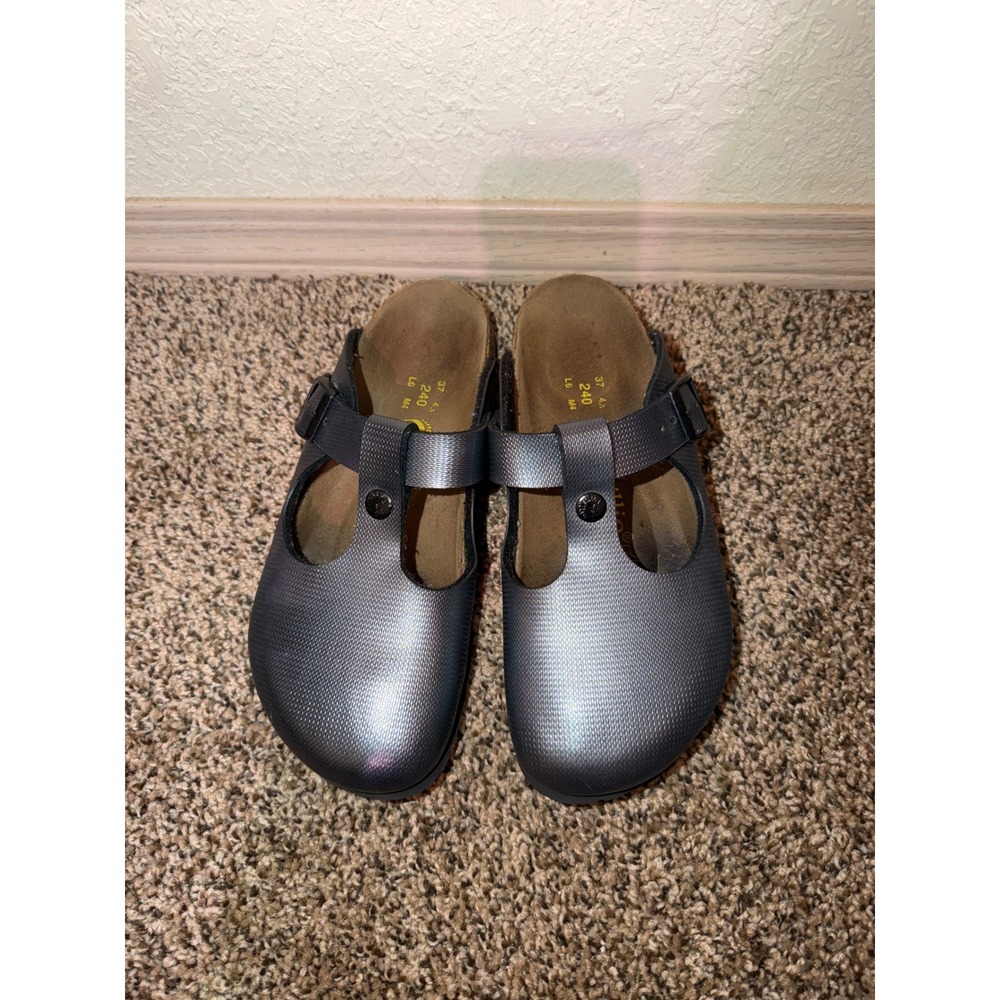 Papillio by Birkenstock Anne Metallic Anthracite T-Strap Clogs Size 37 L6 M4